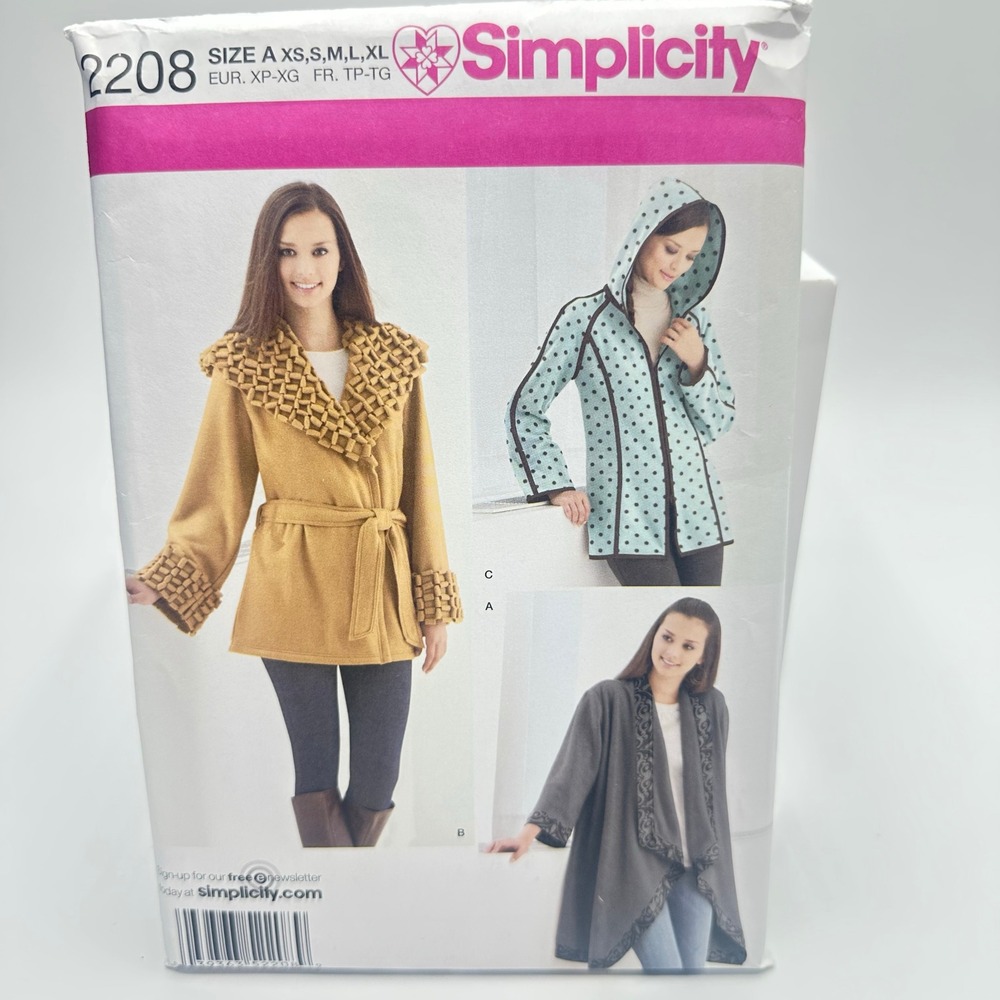 Simplicity 2208 Sewing Pattern Misses Fleece Jackets XS-XL Uncut Factory Folded